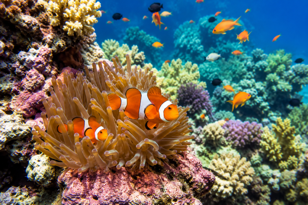 Hurghada fishes — clownfish and coral reef in the Red Sea near Giftun Island — hurghada-excursion.com